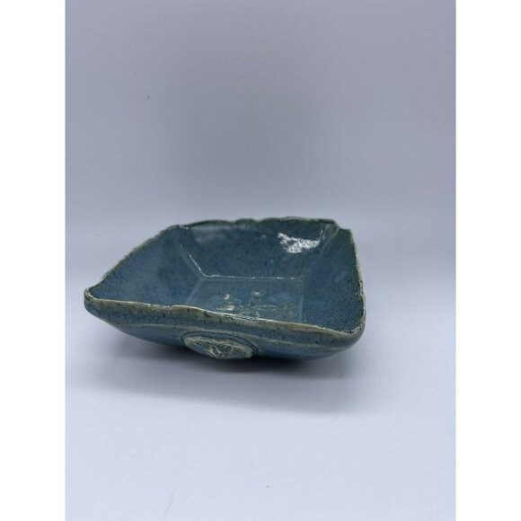 Art Pottery 5” Trinket Dish Bowl Rustic Blue 3D Sand Dollar Ceramic Signed - Picture 1 of 4